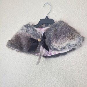 nwt Hartstrings Grey Faux Fur Shawl with Black Bow and Button Paris Eiffel Tower